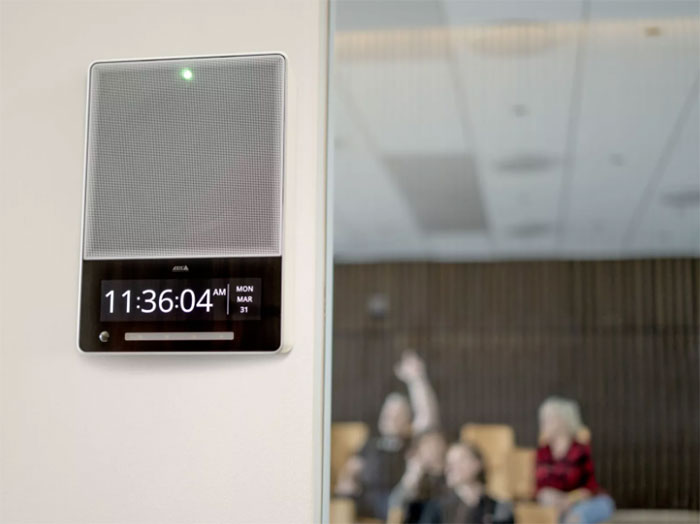 This IP Audio Solution shows an integrated speaker and clock