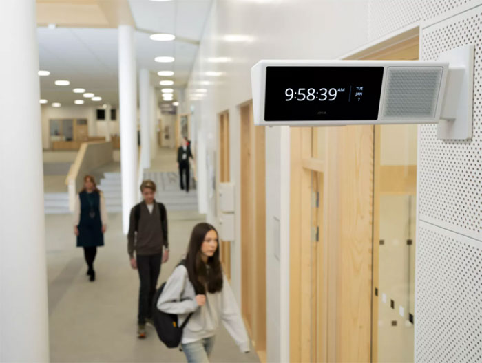 This IP Audio Solution shows an integrated speaker and clock in a horiziontal format.
